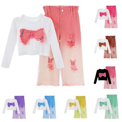 Girls' Fashion Long-Sleeved Distressed Denim Two-Piece Set For Older Children