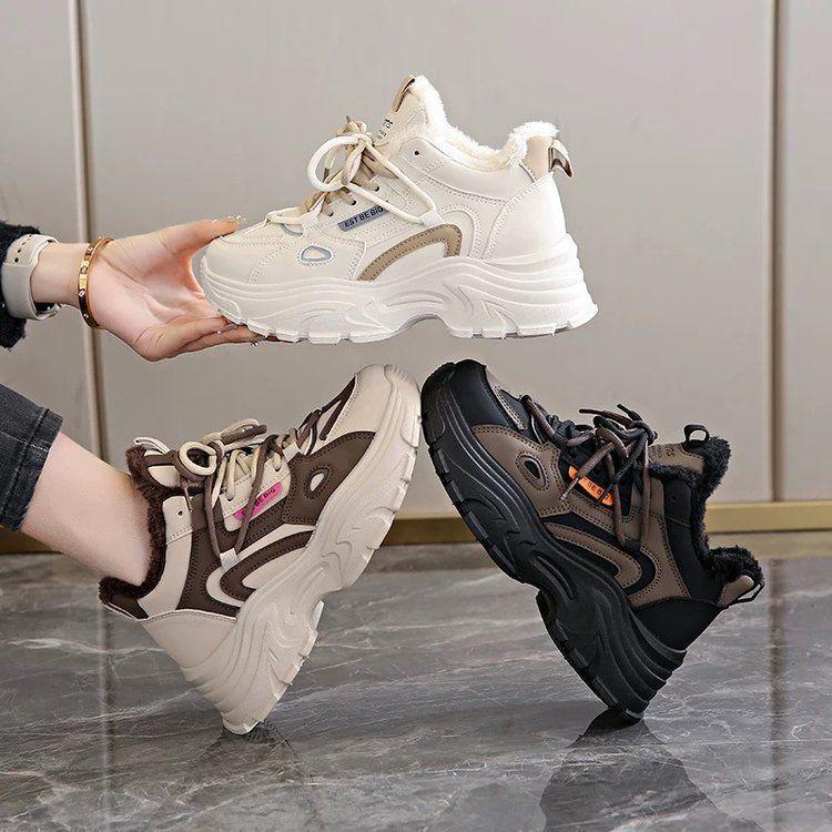 Women's Fleece-Lined Waterproof Leather Running Shoes - Lightweight, Non-Slip, Soft Thick Sole, Height-Boosting Winter Style