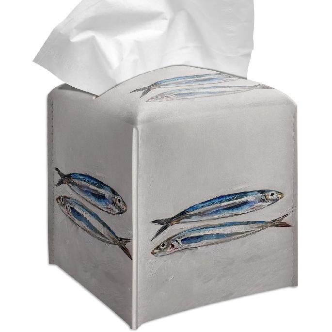 Grace Yonks Coastal Tissue Box Cover Square - Blue Sardines Painting Design 5.2  PU Leather Holder for Vanity, Desk, or Bathroom Counter - Cube Case Blue Sardines Painting