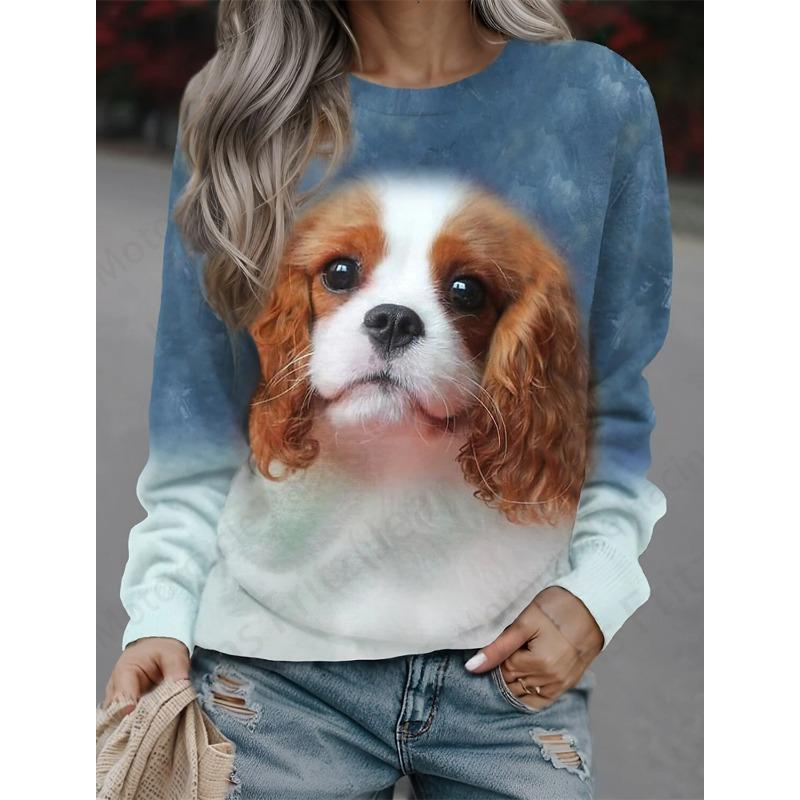 Autumn Long Sleeved Shirt Loose Casual Women's T-shirt Cute Cat Dog Print Fashionable Daily Comfortable Commuting T-shirt