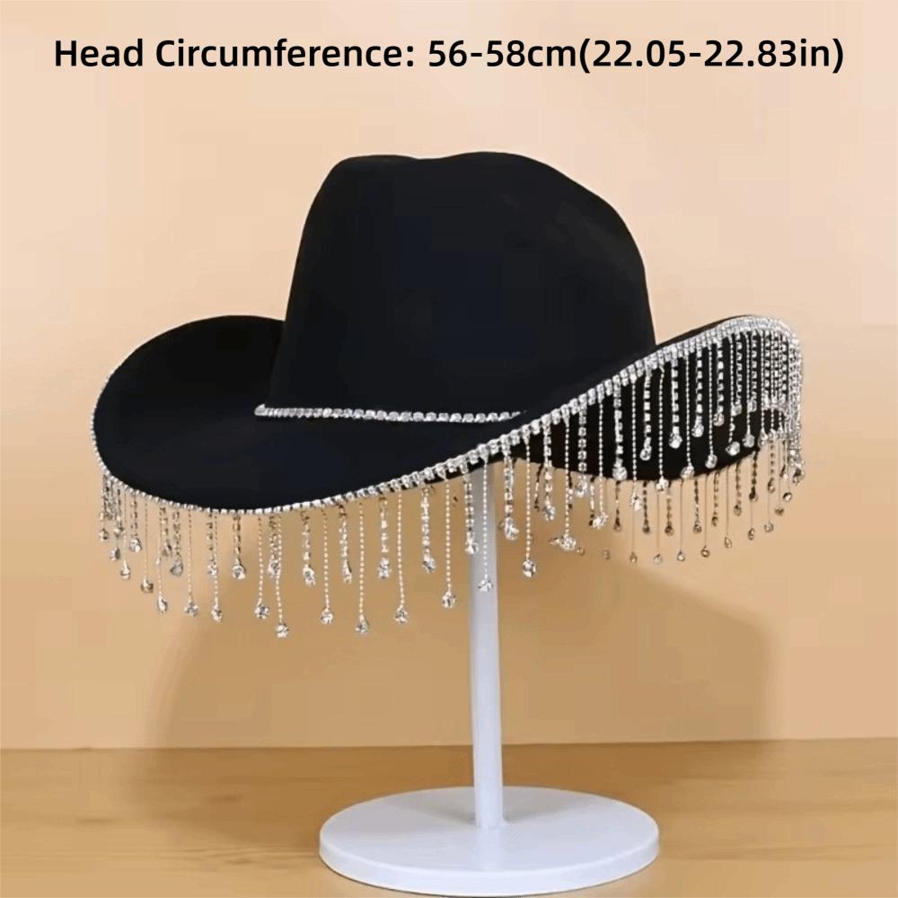 Large Size Western Cowboy Hat Jazz Performance French Style Hat New Water Diamond Tassel Hat  Women