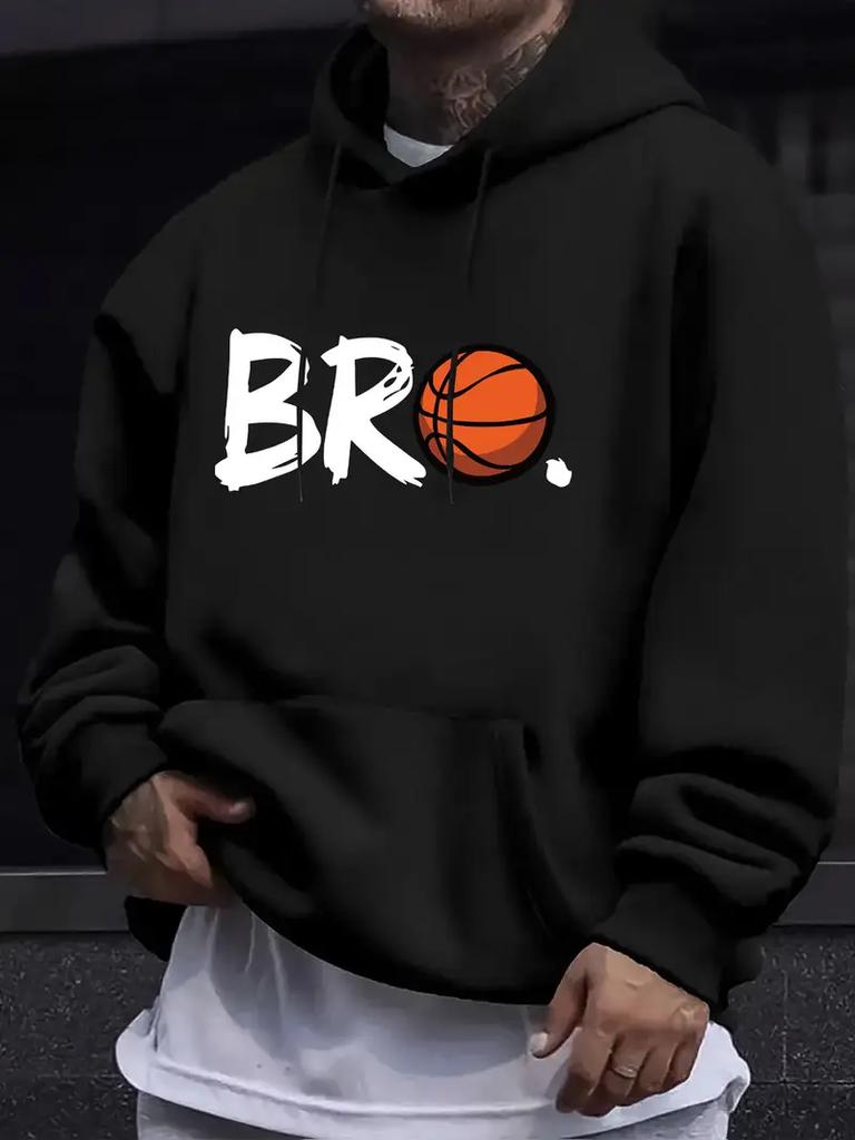 Herren lässiges Kapuzensweatshirt - leuchtend rot BRO Basketballmuster Aufdruck, langärmeliger Pullover mit Vordertasche, maschinenwaschbar