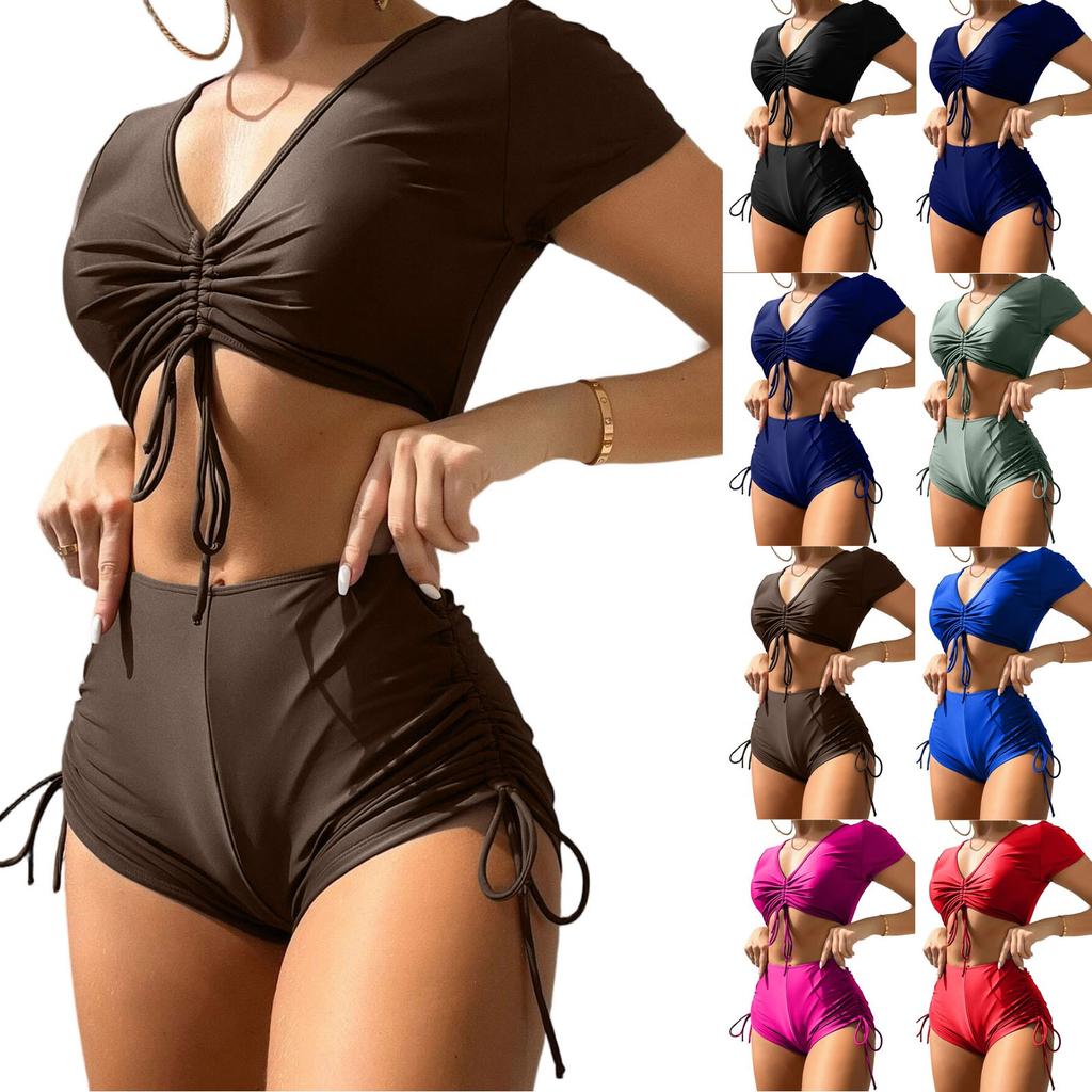 Women's Sexy Split High Waisted Short Sleeved Swimsuit Two-Piece Swimsuit Set