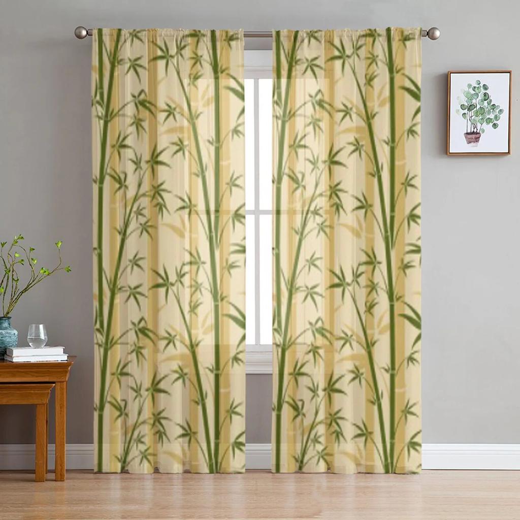 Schwarze transparente Vorhänge mit Bambus-Vogelmotiv für Wohnzimmer, Schlafzimmer, Tüllvorhänge, Küchenfensterbehandlungen, Vorhänge