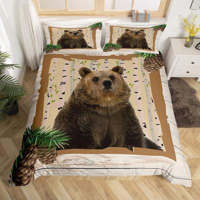 Bear King Queen Duvet Cover Rustic Western Wildlife Comforter Cover Pine Cone Farmhouse Wooden Bedding Set Polyester Quilt Cover