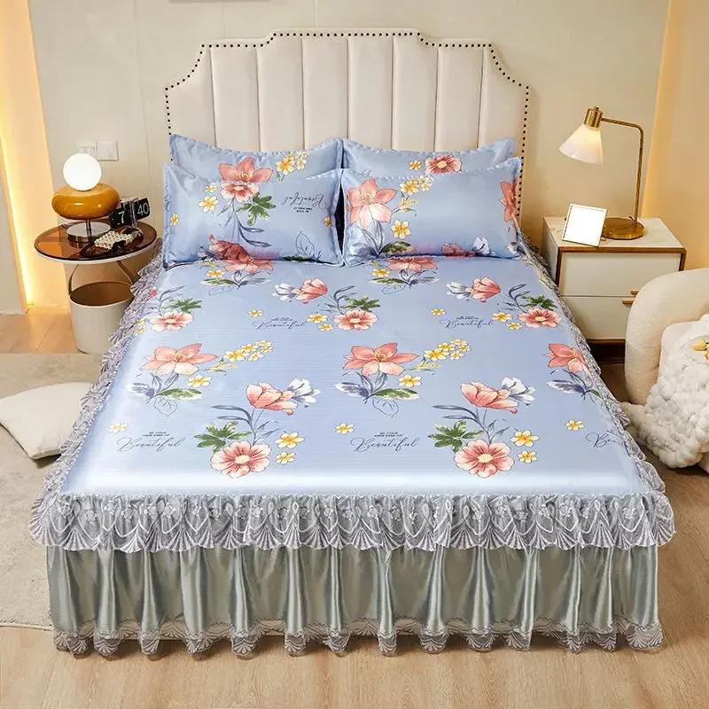 3pcs/set 2024 Summer Lace Bed Skirt Ice Silk Mat Printed Korean Lace Cool Mat Set Retro Single AndDouble Air Conditioned Bed Mat