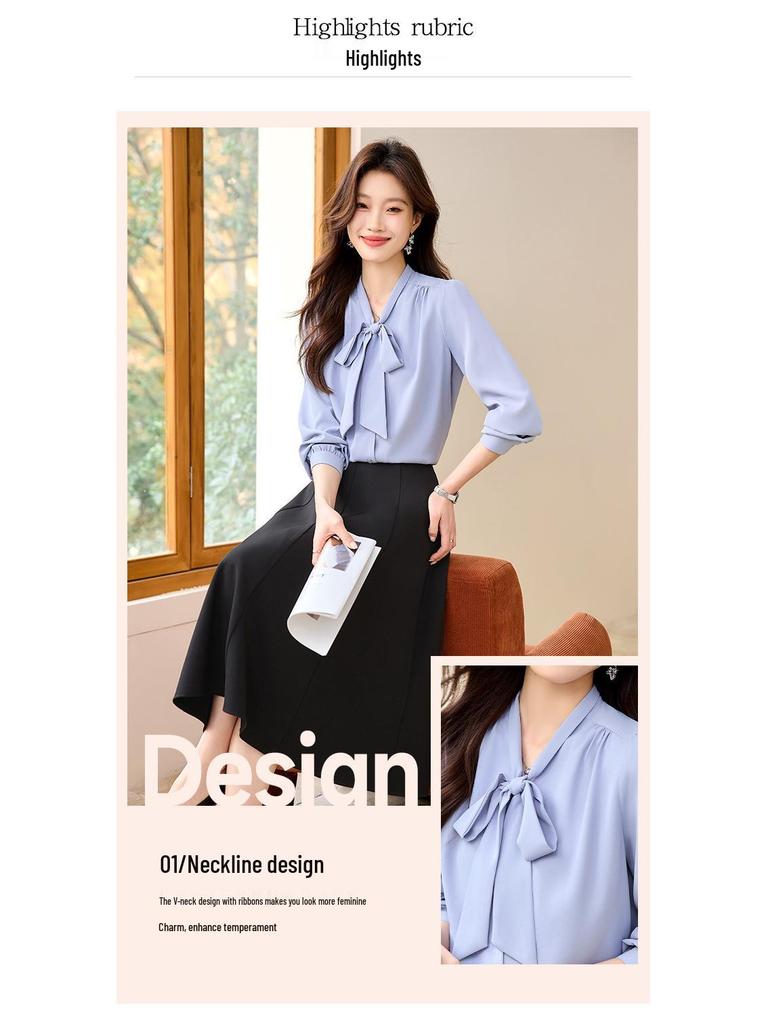 Women's Long Sleeve Blue Bow Chiffon Blouse - Professional French Workwear