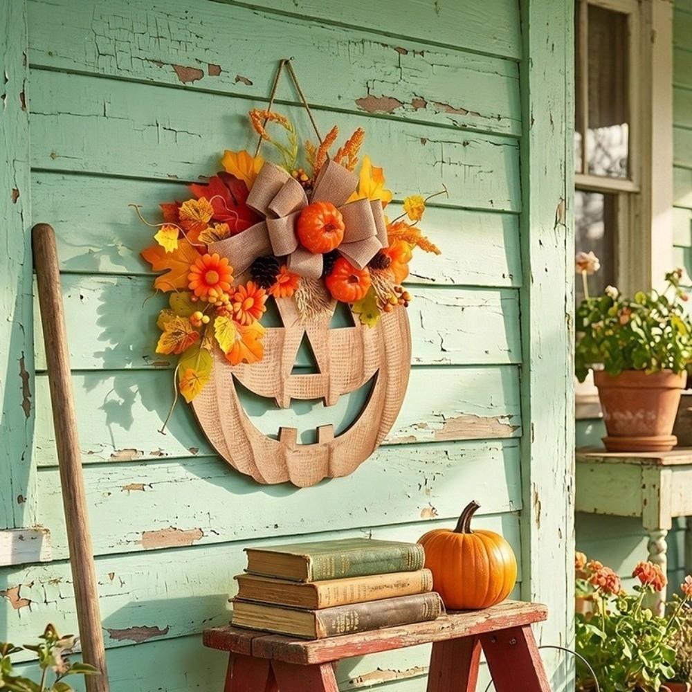 Rustic Halloween Wooden Pumpkin Door Hanger Harvest Maple Leaf Hanging Plaque  for Outdoor Use