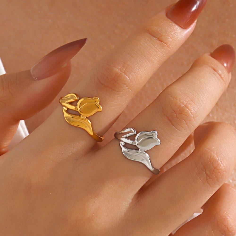 Charm Vintage Personality Gold Color Rose Shape Opening Rings for Women Stainless Steel Flower Ring Jewelry Accessories Gifts