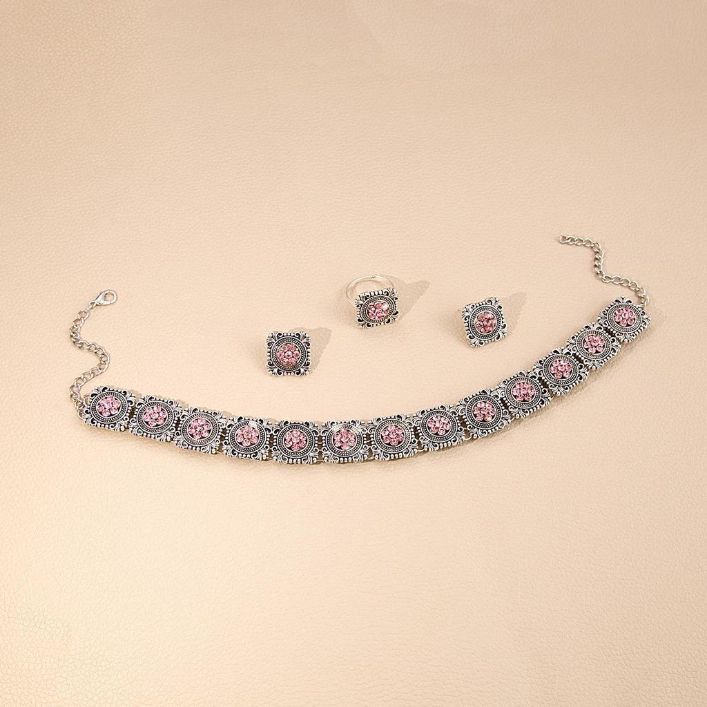 European and American luxury flower jewelry set, retro fringed round gemstone necklace geometric water drop square earrings for women