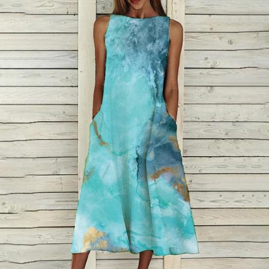 

Платье макси с цветочным принтом без рукавов женское дышащее платье с круглым вырезом для вечеринки 2XL синий