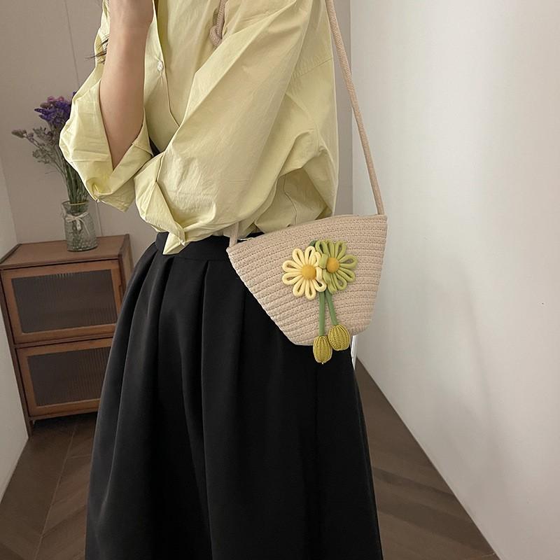 Cotton Rope Woven Bag Cute Flower Shoulder Ins Bucket Women's Beach Cross-body