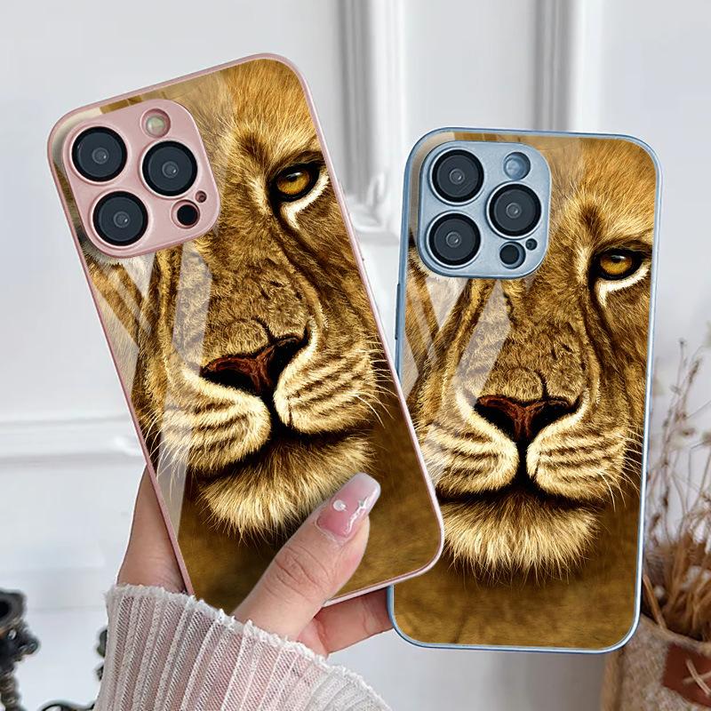 Lion face photo for iPhone17ProMax metallic paint glass mobile phone protective case 17 all-inclusive 15 fine holes