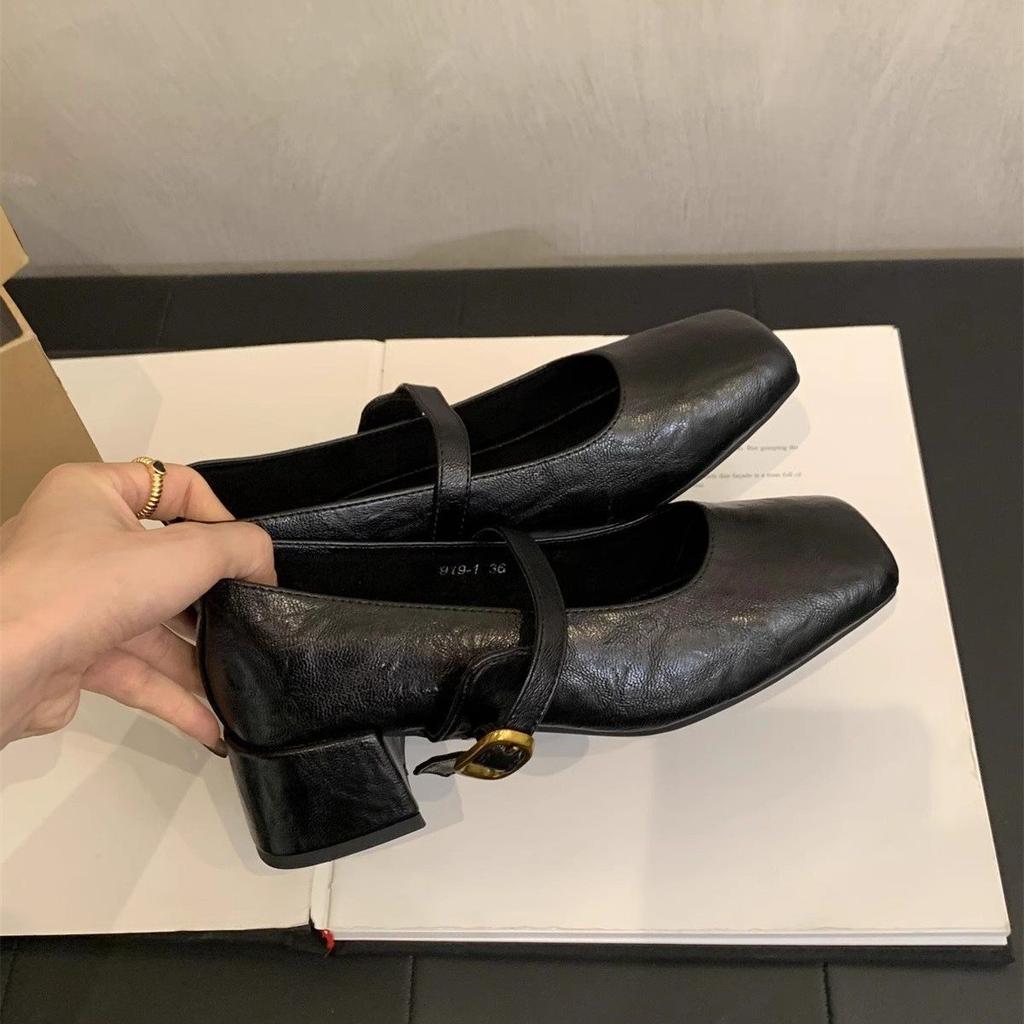 New rough mid-spring shallow mouth 2025 Mary Jane shoes women's skirt with shallow mouth single shoes French retro heel square head