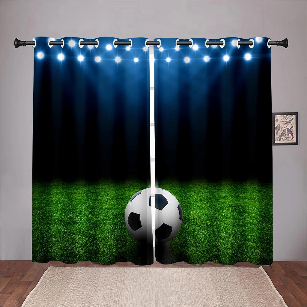 3D Fotbollsplan Glänsande Ljusslingor Gardiner Fotbollsälskare Heminredning Gardiner 2 Paneler Vardagsrum Sovrum Allrum Barnrumsinredning