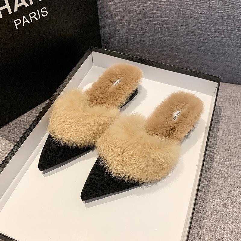 Autumn and winter new Korean version of fashion pointed toe foot thick high heel fashion casual large size women's plush cotton slippers