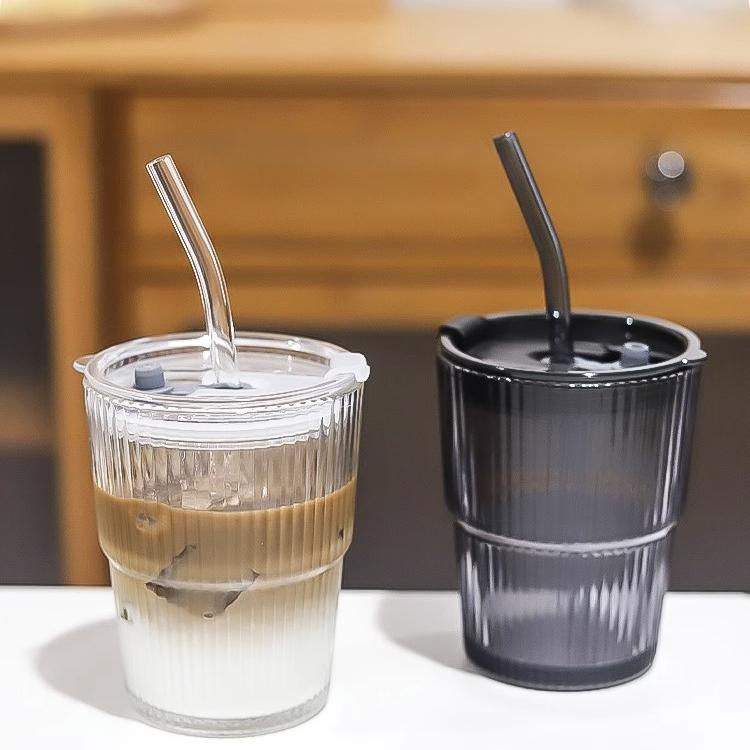 400ml Iced Coffee Mugs Glass Mug Coffee Cup With Lid and Straw Stripe Cups Drinking Glasses for Juice Milk Tea Cups Drinkware