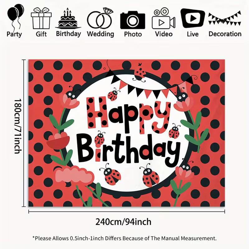 

2D Ladybug Themed Birthday Banner Red Polka Dot Cute Flower Party Background Cloth 47.2x31.5inch/120*80cm