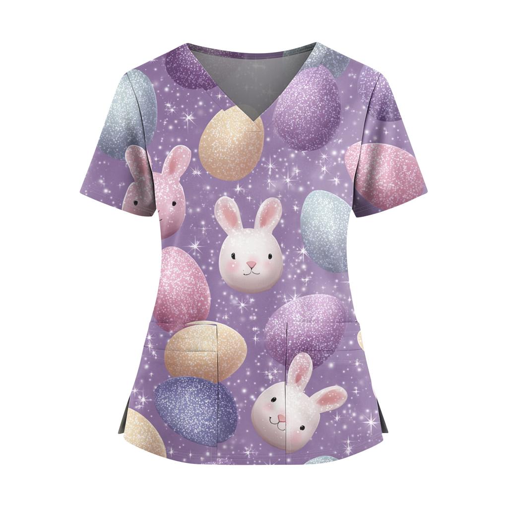 Women's Easter Print V-Neck Double Pocket Short Sleeve  Uniform Top With Slit Hem
