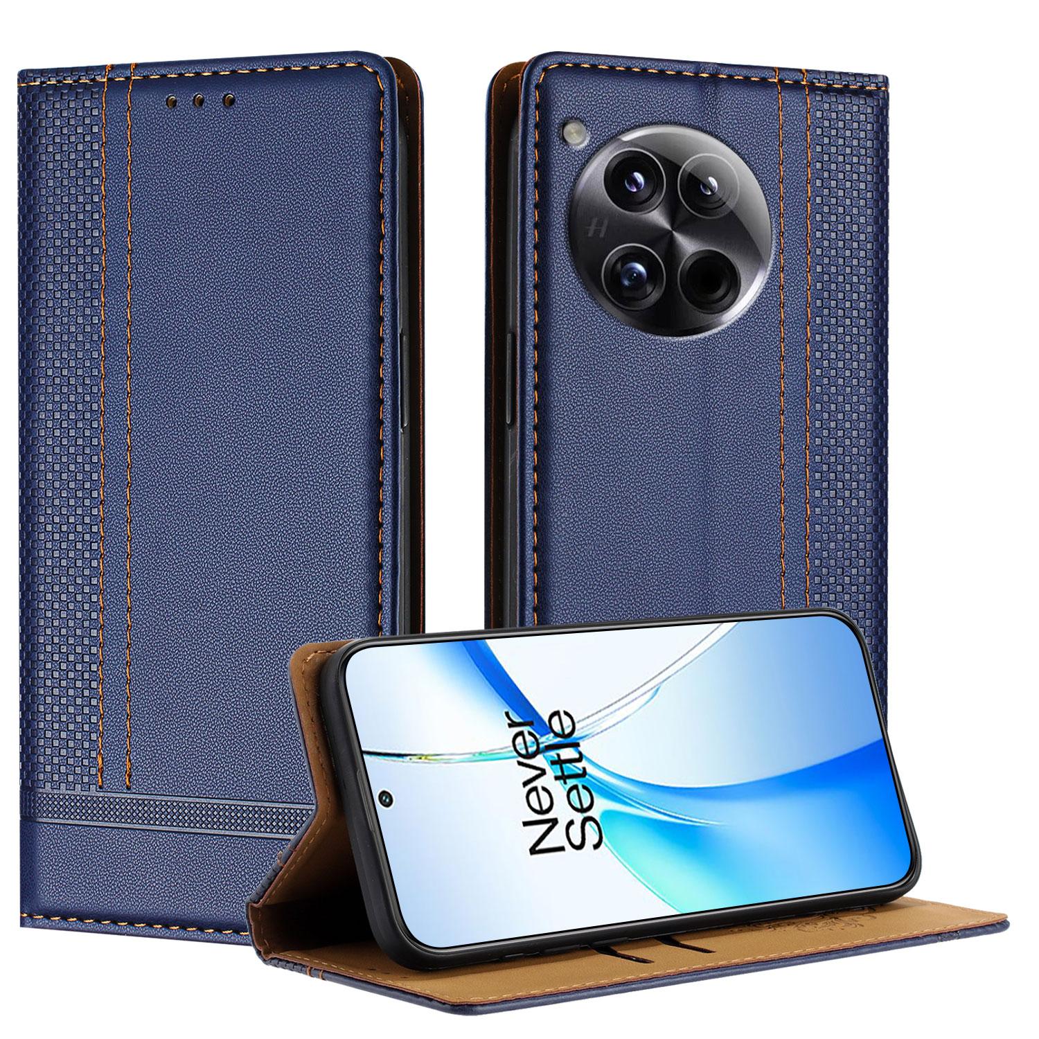 

For OnePlus 12 5G Case L-Shaped Grid Pattern Leather Stand Phone Cover with Card Slots Blue