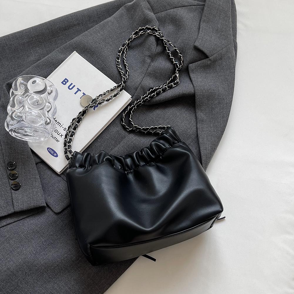 Women Pleated Crossbody Bag Large Capacity PU Bow Shoulder Bag Simple Messenger Bag Solid Color Hasp Closure for Party Vacation