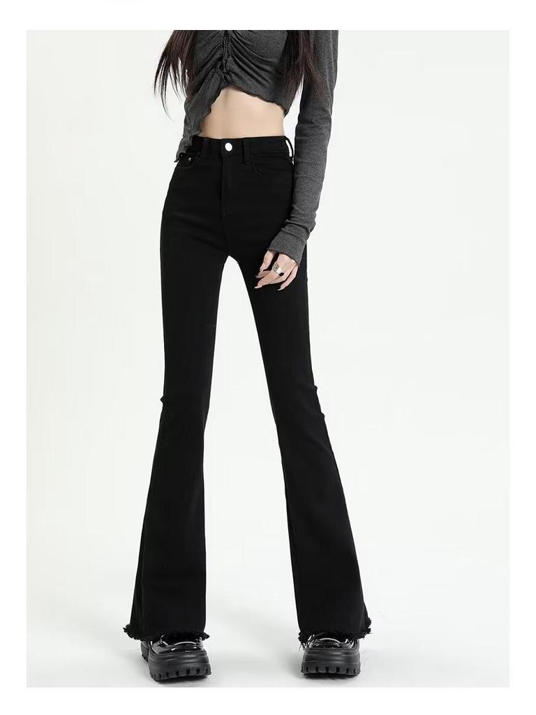 Spring/Summer Women's Black-Gray Frayed Micro-Flare High-Waisted Jeans
