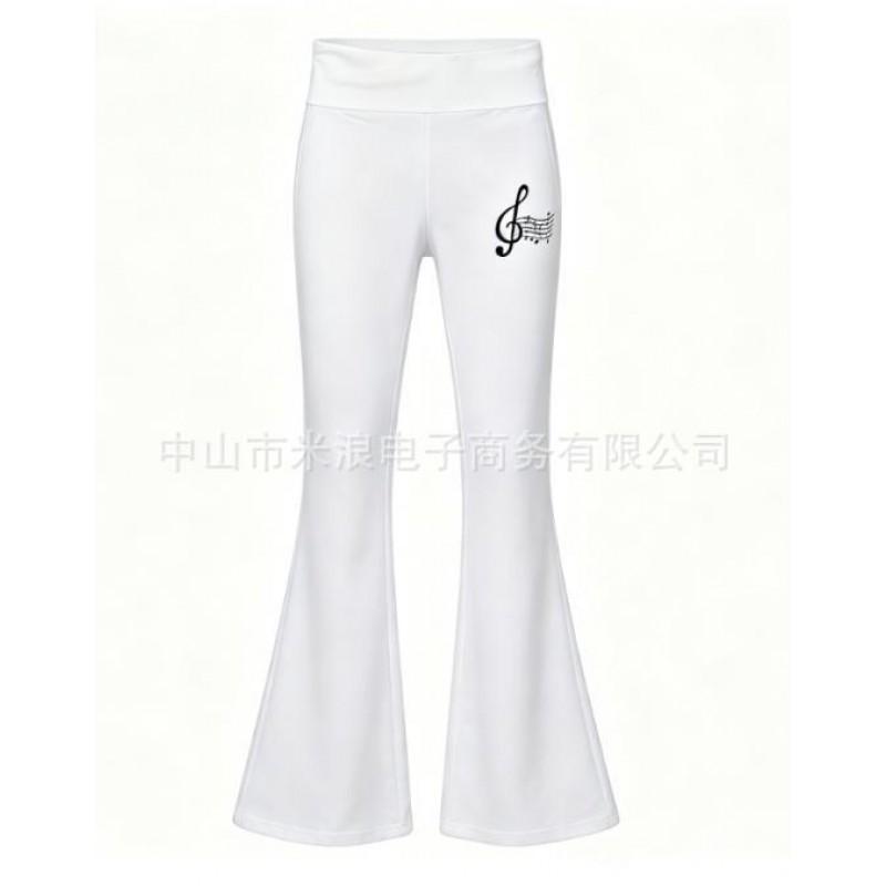 High-Waisted Retro Flared Pants With Treble Clef Print Women Streetwear Style Mid-Rise Straight Leg Trousers