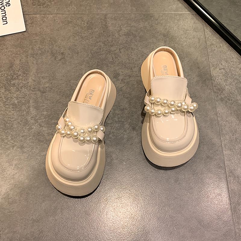 

Fashion 2025 Patent Leather mules metal chain pearl bowknot women slippers creepers sandals platform shoes thick soled cover toe slides 8.5