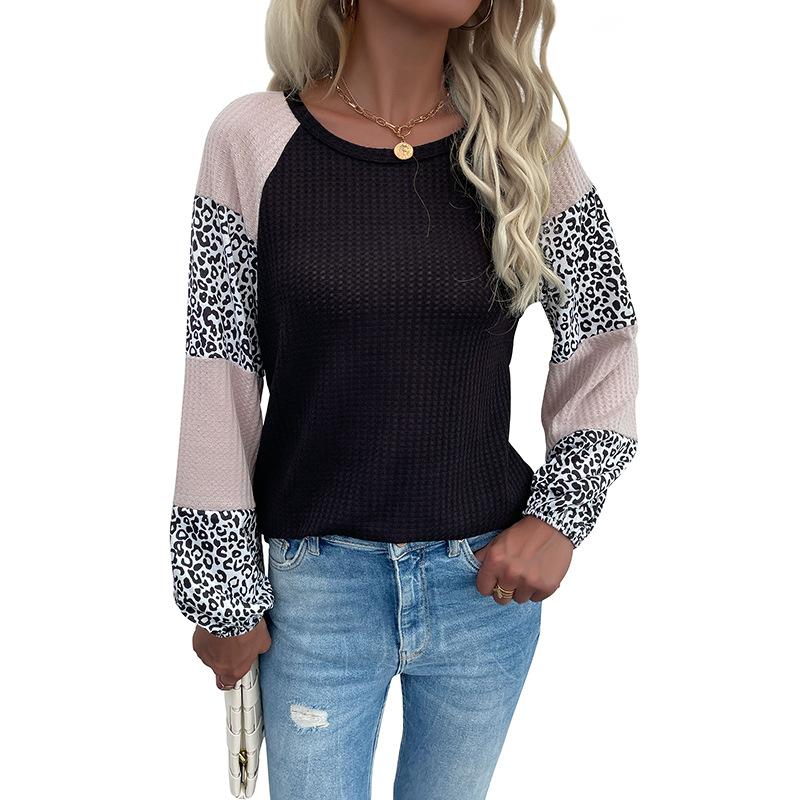 Women's Crew Neck Knitwear, Color-Block, Leopard Print