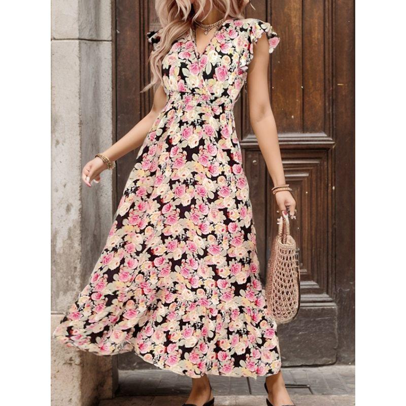 

Summer Petal Sleeve Women s A- line Pleated Elastic Waist Long Dress Square Collar over the Knee French Style Temperament Floral Dress Red S