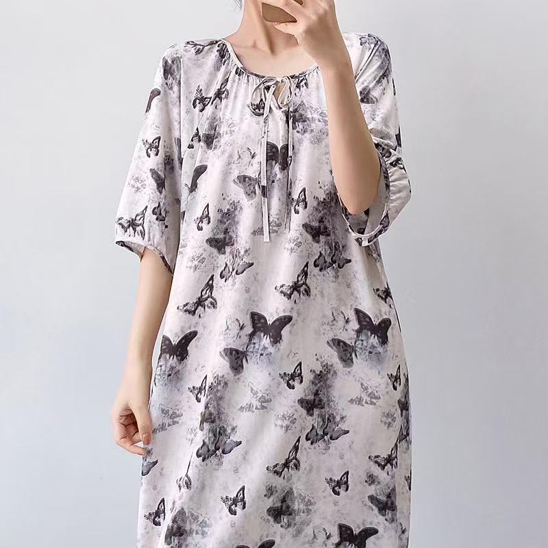 Sweet Princess Style Cotton Silk Nightgown: Summer Print, Short Sleeve Pajamas F115 Length