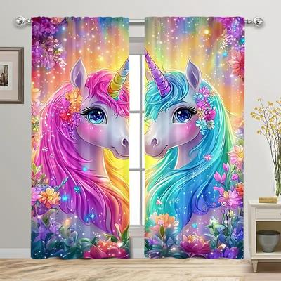 2PCS- Magic Unicorn Floral Printed Curtains, Pole Bag Curtains, Bedroom and Living Room, Home Decoration, Room Decoration