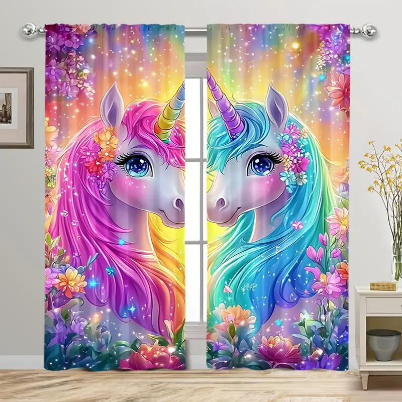 

2PCS- Magic Unicorn Floral Printed Curtains, pole bag curtains, bedroom and living room, home decoration, room decoration 14Wx39L(35x100CM)x2