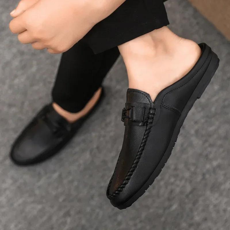 Fashion Leather Men Half Slippers Summer Breathable Mens Casual Shoes Slip-on Lazy Driving Shoes Comfortable Walking Loafers Moccasins