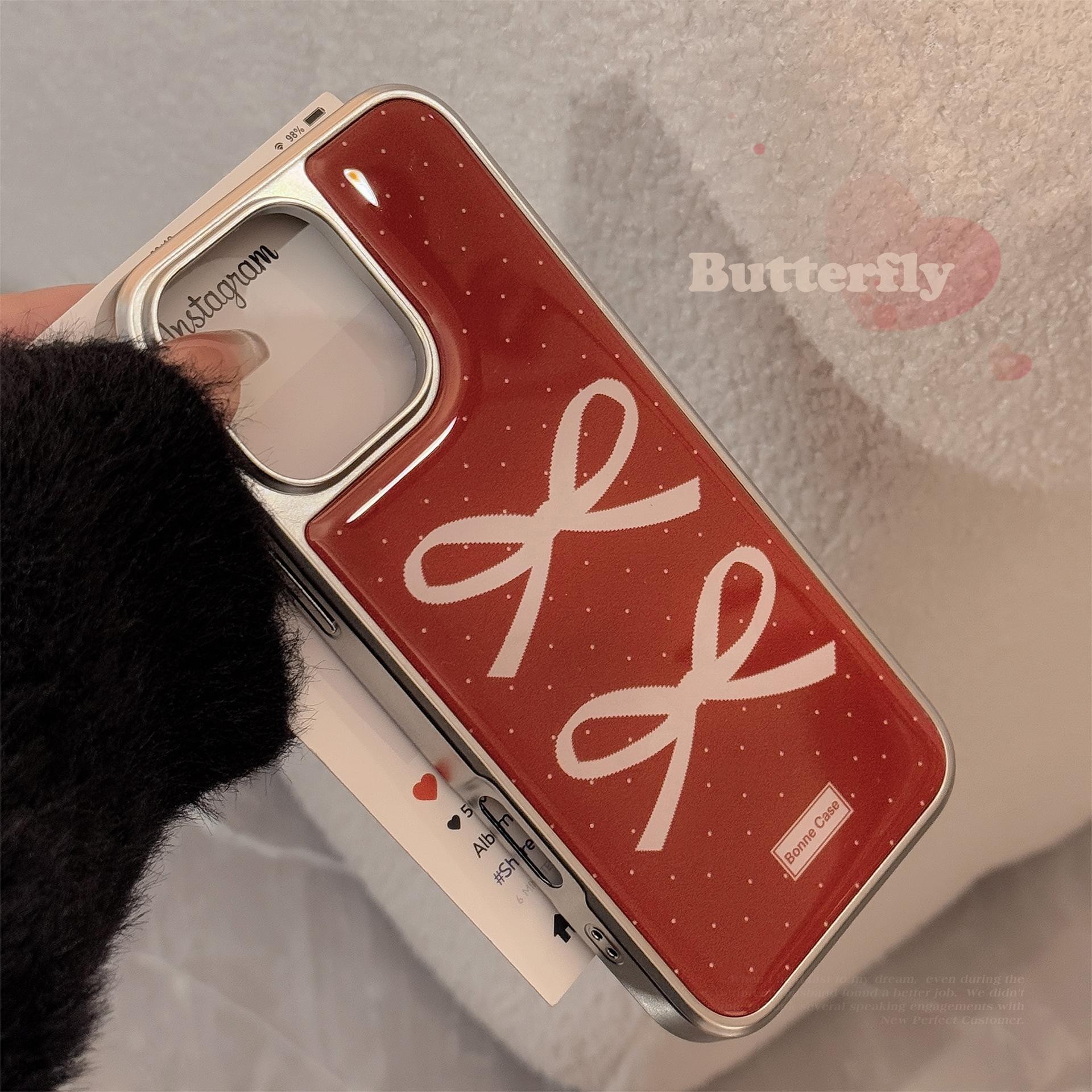 

Electroplating Ins Wine Red Retro Bow Suitable for 16 Apple 15pro Max Mobile Phone Case Iphone 14 Drop Glue 13 Samsung S25ULTRA