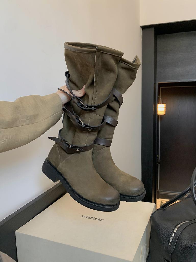 Grape Mother Same Fashionable Belt Buckle Side Zipper Thick Heel Knight Boots Female Spice Girl Round Head Versatile Thick Sole Medium Boots