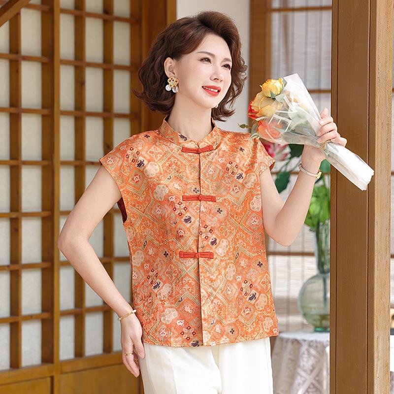 

Summer Short-Sleeve Chinese Style Blouse for Women 40+ - Lightweight, Elegant Top for Middle-Aged and Elderly 3XL (recommended 125-140 jin)