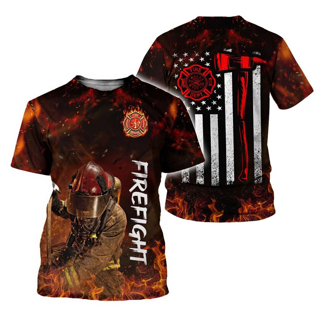 Summer Round Neck 3D Firefighter Print Top Fashionable Casual Short Sleeved Men's T-shirts