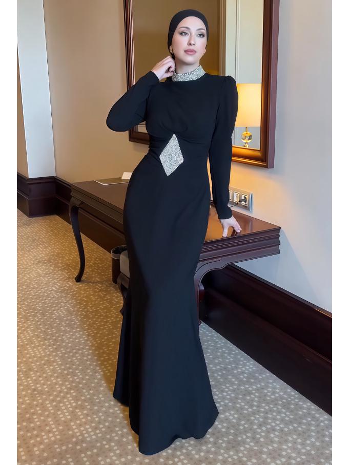 

Осеннее вечернее платье 2025 года с высоким воротником, сборкой на талии и принтом XXL чёрный