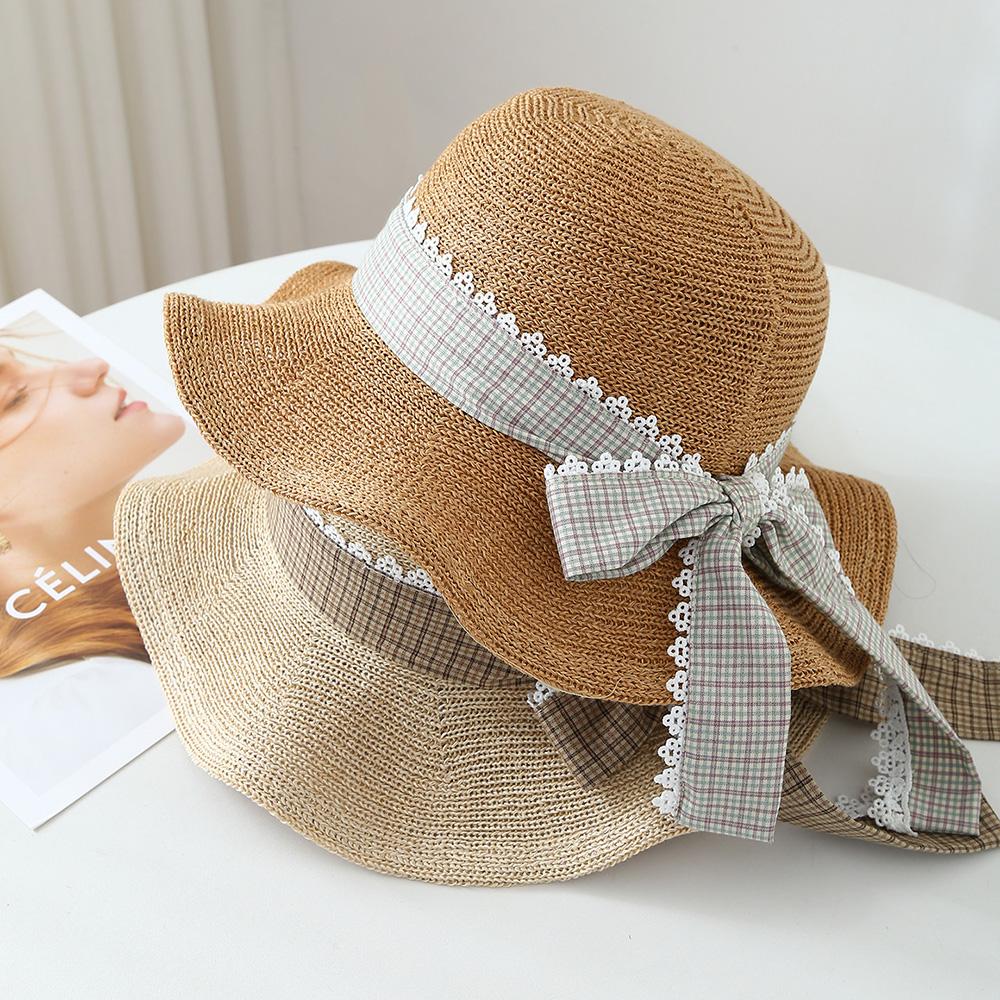 Summer Sun Hat Women's Wave-edge Fisherman Hat Breathable Knitted Wide Brim With Dot Bow Ribbon Beach Accessories For Outdoor
