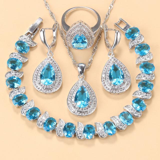 

Синее ювелирное украшение с драгоценными камнями, подвеска, серьги, ожерелье и кольцо, женский комплект 10