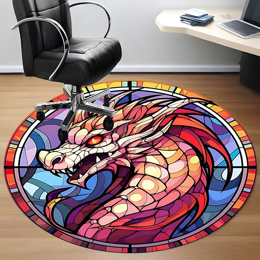 1pc StainedGlass DragonHead Office Round Area Rug, Indoor Mat Suitable For Office, Under Office Chairs Bedroom Living Room Home Decor, Room Deco 086