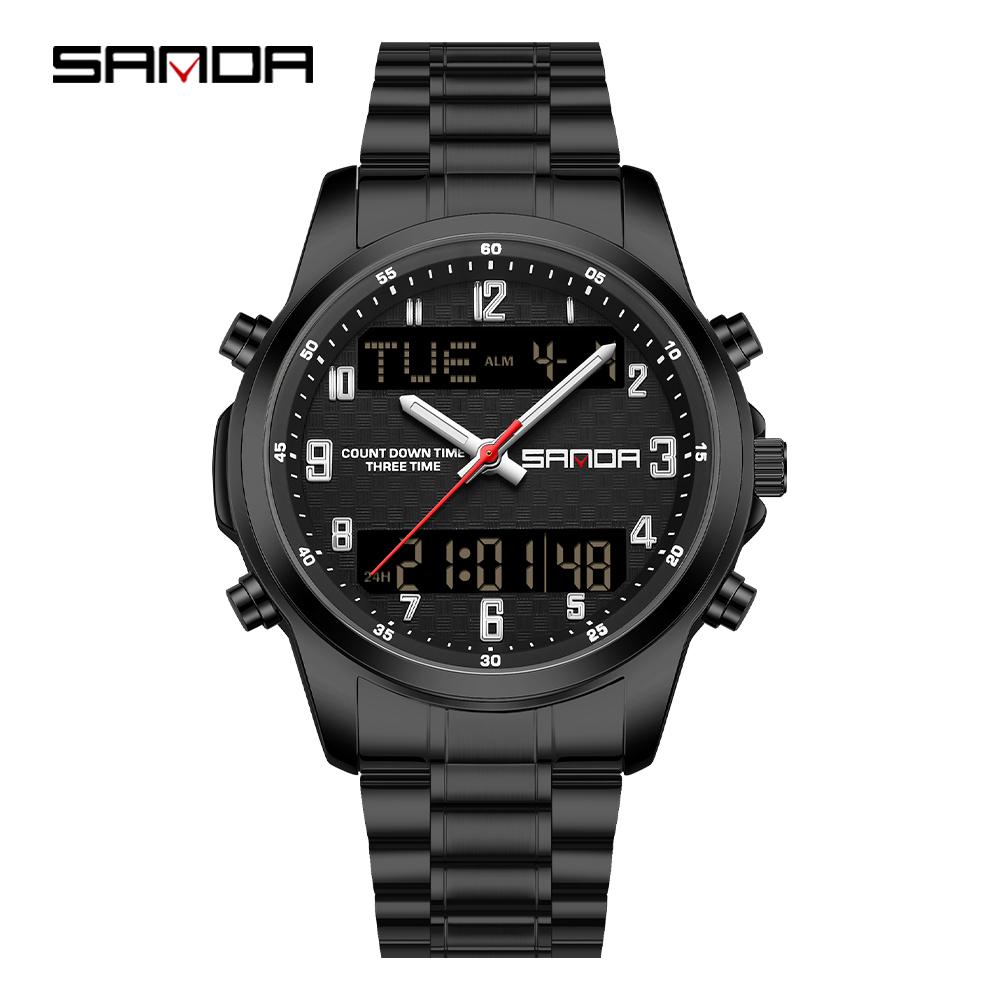SANDA 9119 Dual Display Steel Belt Watch Men's Double Movement Multi functional Timing Night Light Alarm Clock 5ATM Waterproof-2