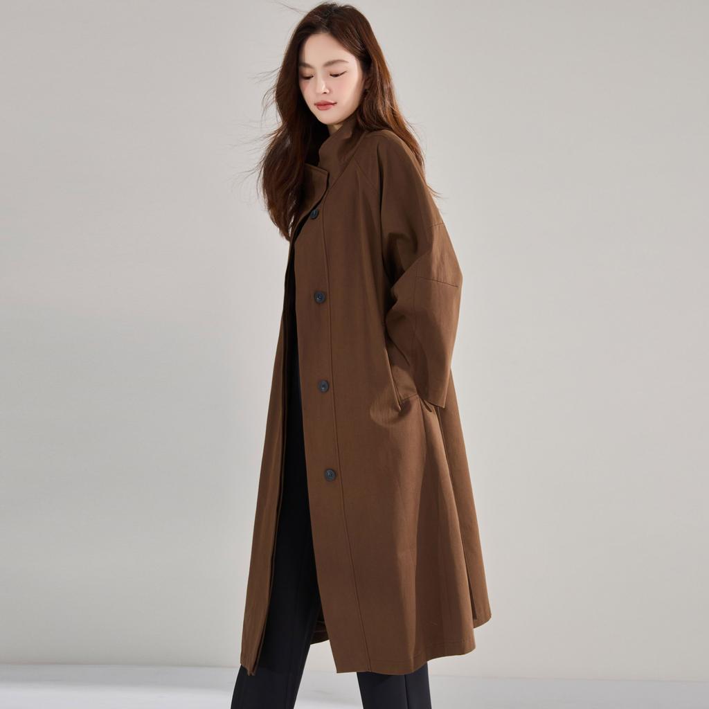 Spring and Summer Simple Big-name Medium and Long Heavy Industry Stand-up Collar Silhouette Trench Coat Loose Temperament Cotton Coat 15887