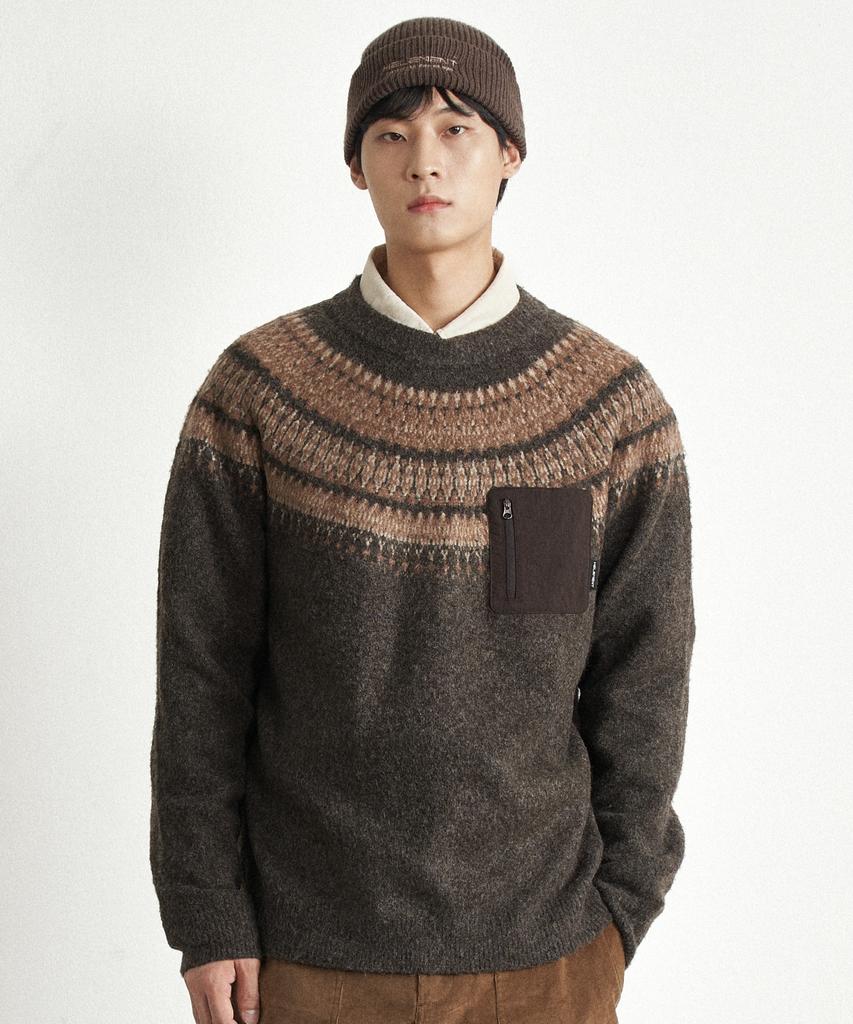 HELEMENT Nordic Pattern Pocket Pullover (Brown)