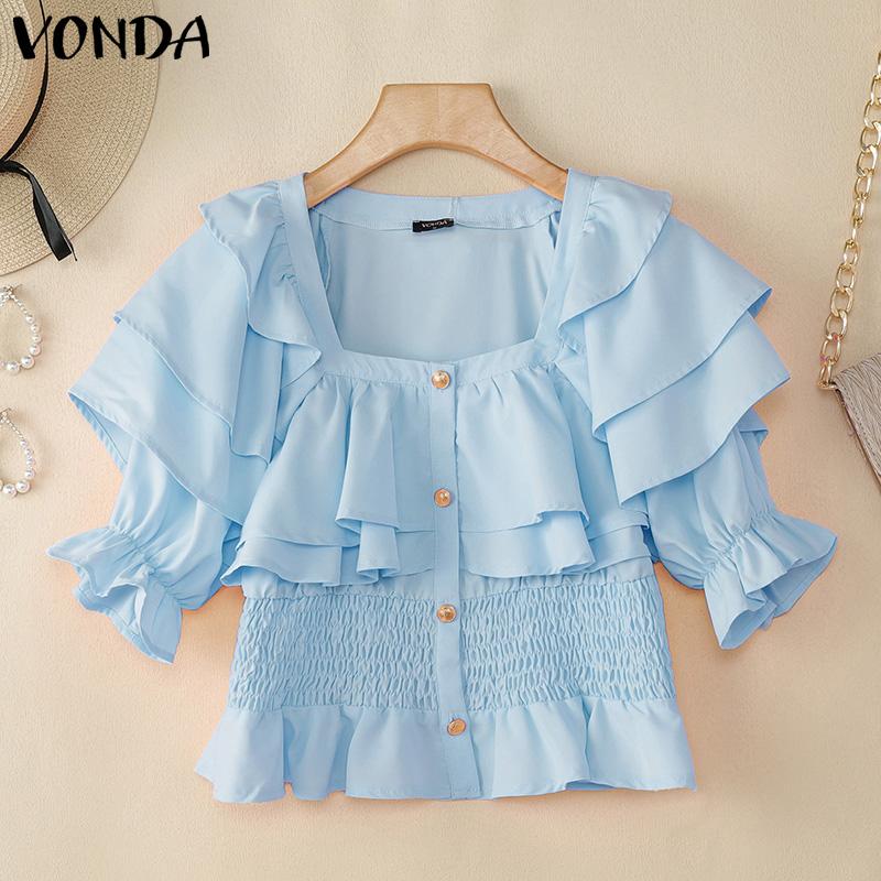 

VONDA Summer Women Square Collar Puff Sleeve Ruffled Casual Texture Cropped Blouse 2XL синий