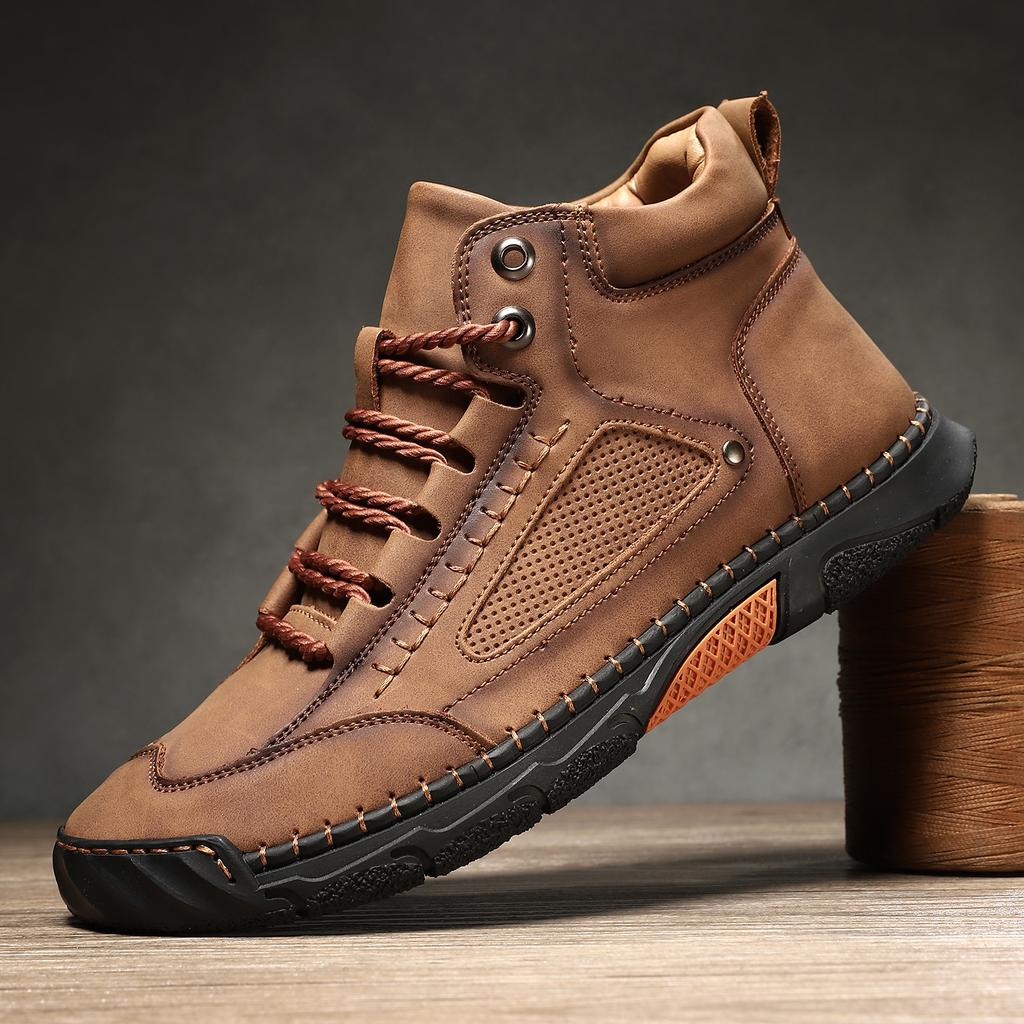 Large Size Men's Shoes Leather Boots Men's Fashion Stitching Shoes Ankle Boots Flat Lace-Up Martin Boots Outdoor High Top Shoes