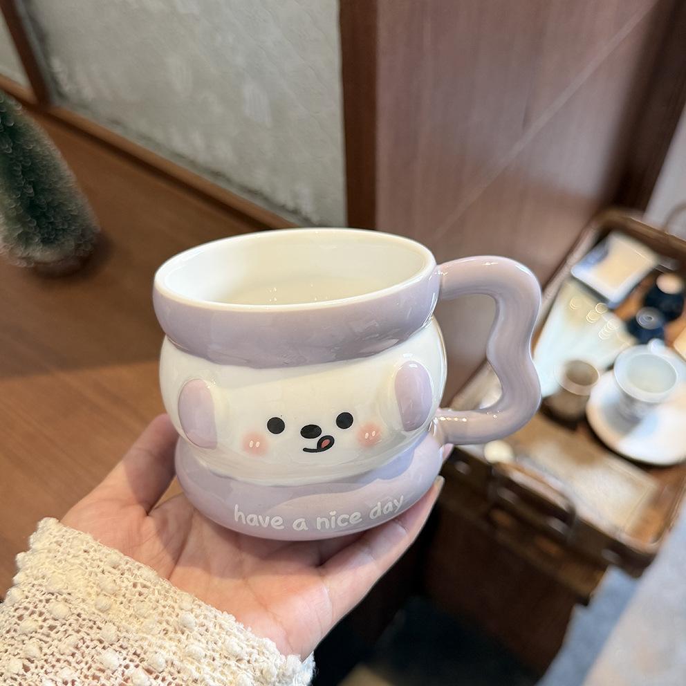 Cute Puppy Mug With Lid Spoon Wind Ceramic Cup Couple Water Cup Girls Household Breakfast Cup Children