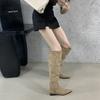 2025 autumn and winter French retro suede low-heeled over-the-knee boots women's thick-heeled pointed-tipped pleated stacked tall women's boots