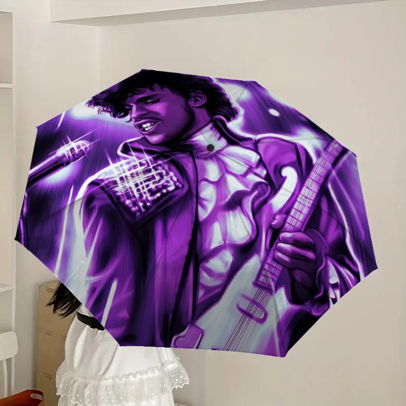 1pc Purple Guitarist Prince Automatic Folding Umbrella, Portable Collapsible Design, Casual Outdoor Accessory L1202026